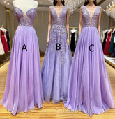 A-Line Long Lace Purple Evening Prom Dresses V-Neck Lilac Party Dresses