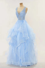 A-Line Long Layers Lace Evening Prom Dresses Light Blue Beaded Appliques