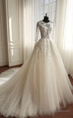 A-Line Long Sleeve Bell Beading Appliques Flower Zipper Keyhole Tulle Lace Dress