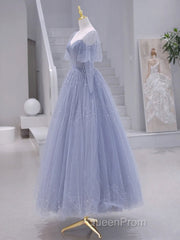 A-Line Long sleeves Beading Gray Blue Long Evening Prom Dresses, Gray Blue Formal Dresses