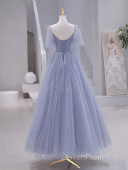 A-Line Long sleeves Beading Gray Blue Long Evening Prom Dresses, Gray Blue Formal Dresses