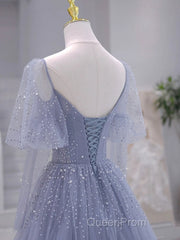 A-Line Long sleeves Beading Gray Blue Long Evening Prom Dresses, Gray Blue Formal Dresses