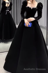 A Line Long Sleeves Black Velvet Prom Dresses