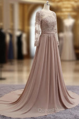 A Line Long Sleeves Lace Evening Prom Dresses Chiffon Evening Gown