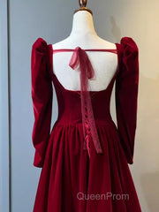 A Line Long Sleeves Red Velvet Evening Prom Dresses