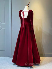 A Line Long Sleeves Red Velvet Evening Prom Dresses