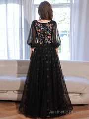 A-Line long sleeves Tulle Lace Black Long Prom Dress, Black Lace Long Formal Dress