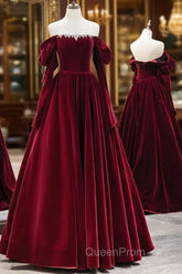 A-Line Long Sleeves Velvet Burgundy Long Evening Prom Dresses, Burgundy Long Evening Dresses with Beads