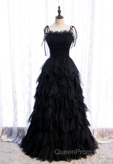 A-Line Long Spaghetti Strap Red Evening Prom Dresses,Black Layers Tulle Evening Dresses