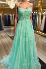 A Line Mint Green Lace Long Evening Prom Dresses, Mint Green Lace Formal Graduation Evening Dresses