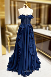 A Line Navy Blue Corset Ruffle Maxi Evening Prom Dresses