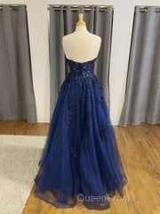 A Line Navy Blue Lace Long Evening Prom Dresses Strapless Graduation Evening Dresses
