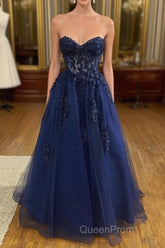 A Line Navy Blue Lace Long Evening Prom Dresses Strapless Graduation Evening Dresses