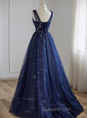 A-Line Navy Blue Tulle Beaded V-Neckline Party Dresses, Navy Blue Shiny Tulle Evening Prom Dresses