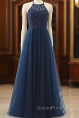 A-line Navy Blue Tulle Halter Crossed Back Long Evening Prom Dresses