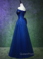 A-line Off Shoulder Blue Beaded and Lace Long Party Dresses, Blue Evening Dresses