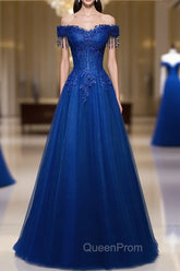 A-line Off Shoulder Blue Beaded and Lace Long Party Dresses, Blue Evening Dresses