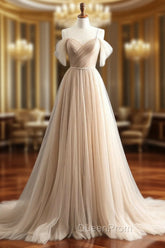 A-Line Off Shoulder Champagne Tulle Long Evening Prom Dresses, Champagne Long Evening Dresses