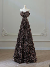 A-Line Off Shoulder Coffee Gold Sequin Long Prom Dress, Coffee Gold Formal Dress