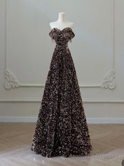 A-Line Off Shoulder Coffee Gold Sequin Long Prom Dress, Coffee Gold Formal Dress