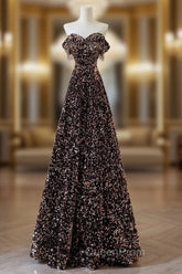 A-Line Off Shoulder Coffee Gold Sequin Long Evening Prom Dresses, Coffee Gold Evening Dresses