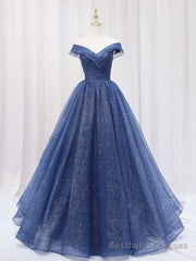 A-Line Off Shoulder Dark Blue Long Prom Dress, Shiny Tulle Long Graduation Dress