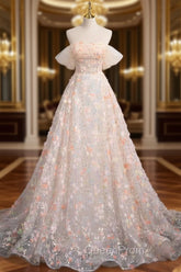 A-Line Off Shoulder Flowers Lace Evening Dresses, Long Evening Prom Dresses