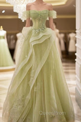 A-Line Off Shoulder Green Lace Long Evening Prom Dresses, Green Formal Dresses