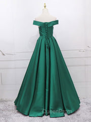 A-Line Off Shoulder Green Satin Long Evening Prom Dresses, Green Evening Dresses