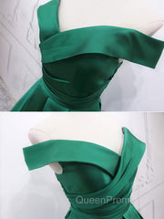 A-Line Off Shoulder Green Satin Long Evening Prom Dresses, Green Evening Dresses