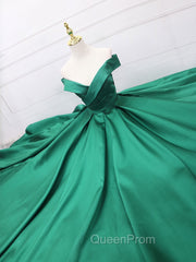 A-Line Off Shoulder Green Satin Long Evening Prom Dresses, Green Evening Dresses