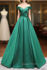A-Line Off Shoulder Green Satin Long Evening Prom Dresses, Green Evening Dresses