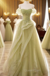 A Line Off Shoulder Green Tulle Long Evening Prom Dresses