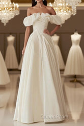 A-Line Off Shoulder Ivory Satin Long Evening Prom Dresses, Ivory Long Formal Dresses
