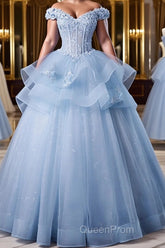 A-Line Off Shoulder Lace Tulle Blue Long Evening Prom Dresses, Blue Sweet 16 Dresses