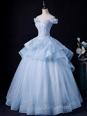 A-Line Off Shoulder Lace Tulle Blue Long Evening Prom Dresses, Blue Sweet 16 Dresses