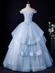 A-Line Off Shoulder Lace Tulle Blue Long Evening Prom Dresses, Blue Sweet 16 Dresses