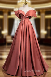 A-Line Off Shoulder Off Shoulder Satin Long Evening Prom Dresses, Watermelon Red Long Evening Dresses