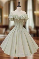 A-Line Off Shoulder Organza Green Short Evening Prom Dresses,Cute Homecoming Dresses with Beads