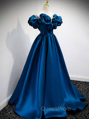 A-Line Off Shoulder Satin Blue Long Evening Prom Dresses, Blue Evening Dresses