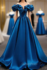 A-Line Off Shoulder Satin Blue Long Evening Prom Dresses, Blue Evening Dresses