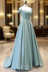 A-Line Off Shoulder Satin Blue Long Evening Prom Dresses, Blue Long Evening Dresses