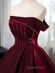 A-Line Off Shoulder Satin Burgundy Long Evening Prom Dresses, Burgundy Evening Dresses With Beads