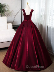 A-Line Off Shoulder Satin Burgundy Long Evening Prom Dresses, Burgundy Evening Dresses With Beads