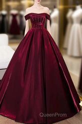 A-Line Off Shoulder Satin Burgundy Long Evening Prom Dresses, Burgundy Evening Dresses With Beads