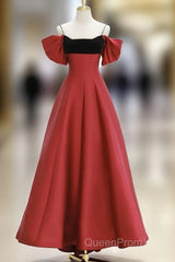 A-Line Off Shoulder Satin Dark Red Long Evening Prom Dresses, Red Long Formal Dresses