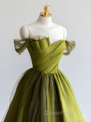 A-Line Off Shoulder Satin Green Long Evening Prom Dresses, Green Formal Dresses