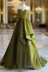 A-Line Off Shoulder Satin Green Long Evening Prom Dresses, Green Formal Dresses