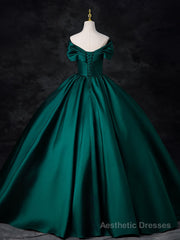 A-Line Off Shoulder Satin Green Long Prom Dress, Green Long Formal Dress