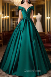 A-Line Off Shoulder Satin Green Long Evening Prom Dresses, Green Long Evening Dresses